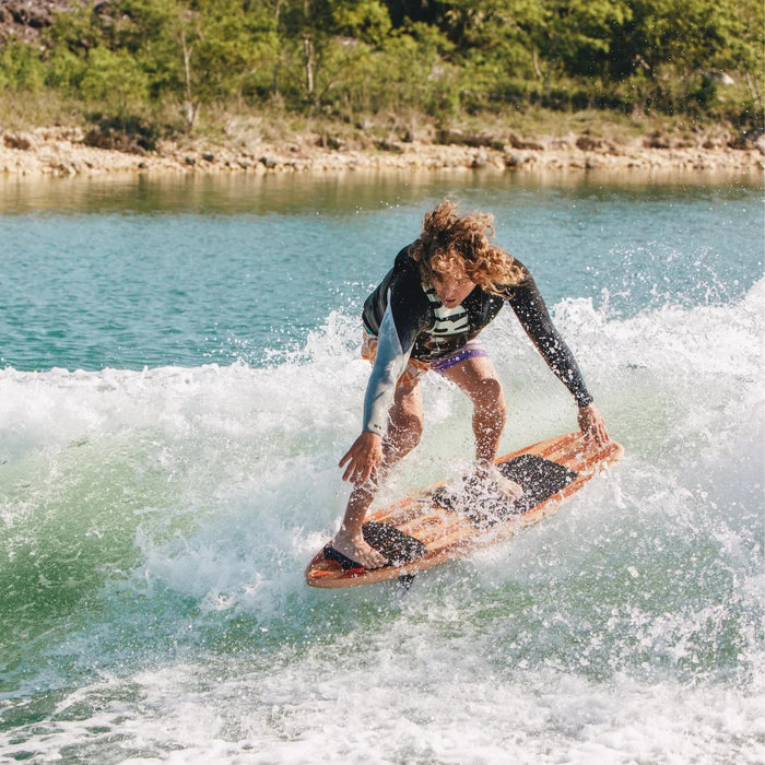 Legendary rider Parks Bonifay riding reverse switch, wide nose in the rear, on the 2026 Ronix Blunt Nose Skimmer.