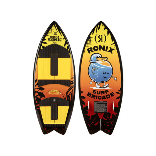 Top and bottom view of the 2026 Ronix Boy's Fish Sonic Wakesurf Board in Yellow, Orange and Black.