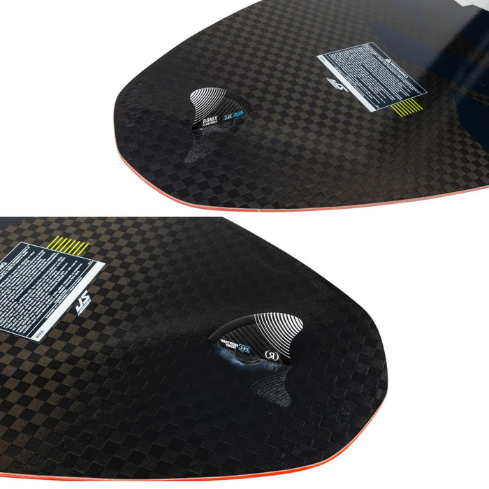 Multi-angle view of the single floating carbon fin and tool-less Button system on the Carbon Air Core 4.