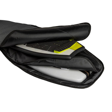 The Ronix Dempsey bag unzipped, showing how it securely fits two wakesurf boards for travel.