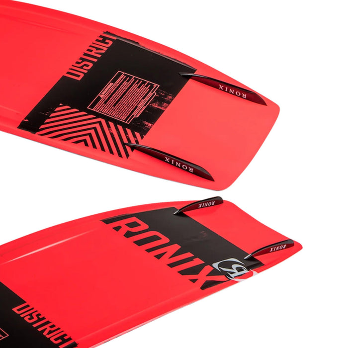 Close-up of the 2026 Ronix District 129cm bottom featuring removable side fins and a clean center channel for advanced tracking.