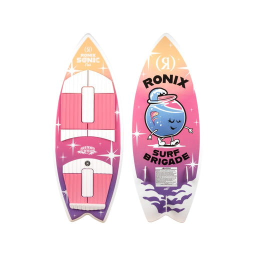 Top and bottom view of the 2026 Ronix Girl's Fish Sonic Wakesurf Board in Peach, Pink, White and Purple.