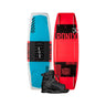 Side-by-side top and bottom view of the 2026 Ronix Kid's District 129cm wakeboard with the Ronix Divide open-toe wakeboard boot featured in the bottom center.