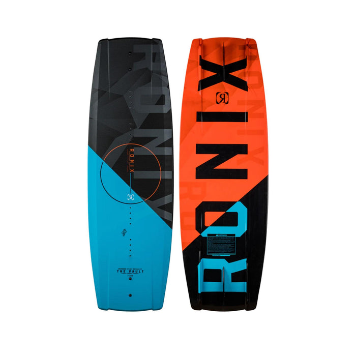 Top and bottom view of the 2026 Ronix Kid's Vault Wakeboard in Blue, Black and Orange.