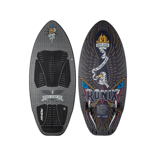 Top and bottom view of the 2026 Ronix M50 Dark Matter Wakesurf Board in Black and Metallic Silver.