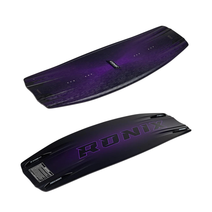 Horizontal view of the 2026 Ronix One Blackout showing the aggressive 3-stage rocker and ultra-thin profile.