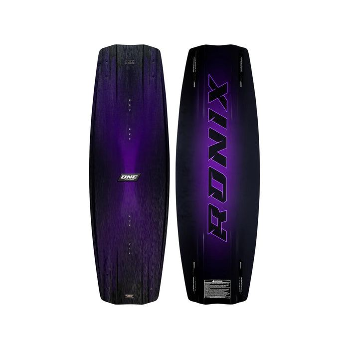 Top and bottom view of the 2026 Ronix One Blackout Technology Wakeboard in Carbon Black and Purple.
