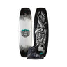 Side-by-side top and bottom view of the 2026 Ronix Parks wakeboard with the matching closed-toe Parks wake boot featured in the bottom center.