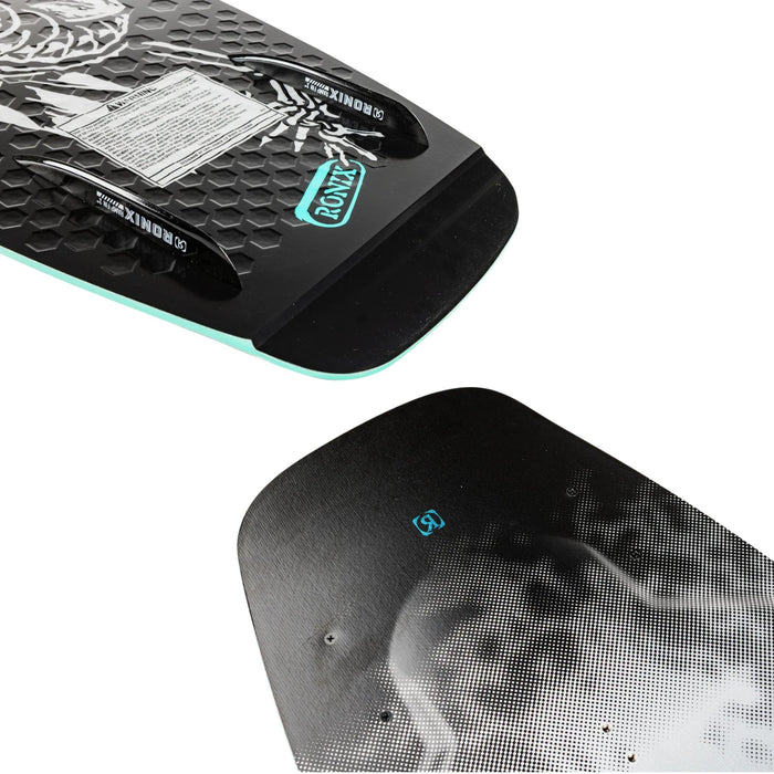 Detailed view of the nose on the 2026 Ronix Parks showing the fins and Tee-Box surface tech.