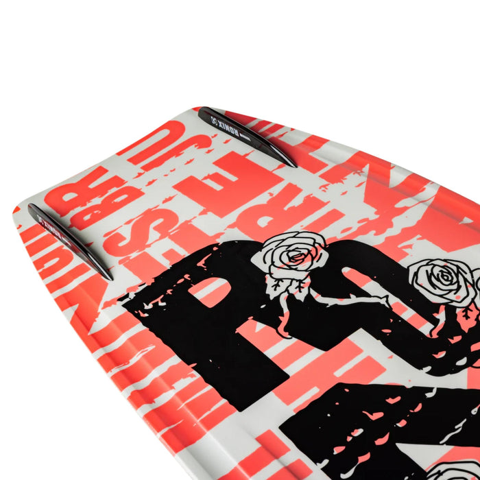 Detailed view of the 2026 Ronix Quarter 'til Midnight bottom showing the four removable side fins and clean center channel.