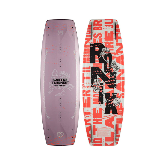 Top and bottom view of the 2026 Ronix Quarter 'til Midnight Women's Wakeboard in light purple and salmon colors. 