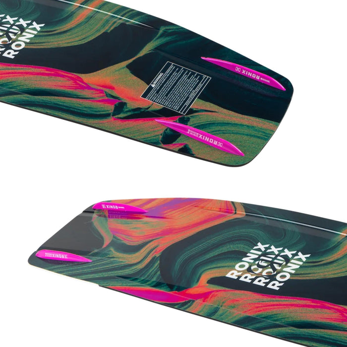 Detailed view of the 2026 Ronix Rise bottom featuring vibrant pink fins and advanced channels.