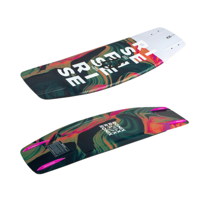 Horizontal view of the 2026 Ronix Rise showing the aggressive rocker profile and Air Core 3 thickness.