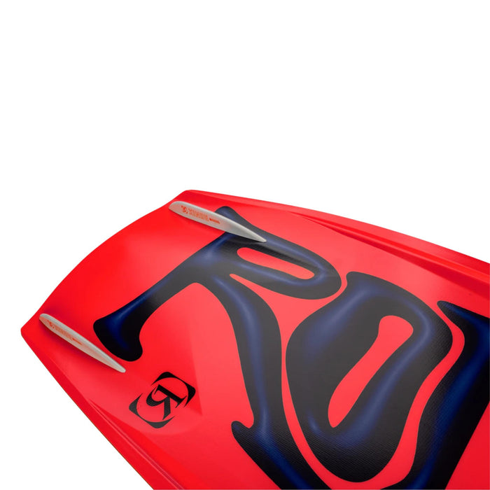 Detailed view of the 2026 Ronix RXT nose featuring speed channels and four integrated fins for maximum tracking.