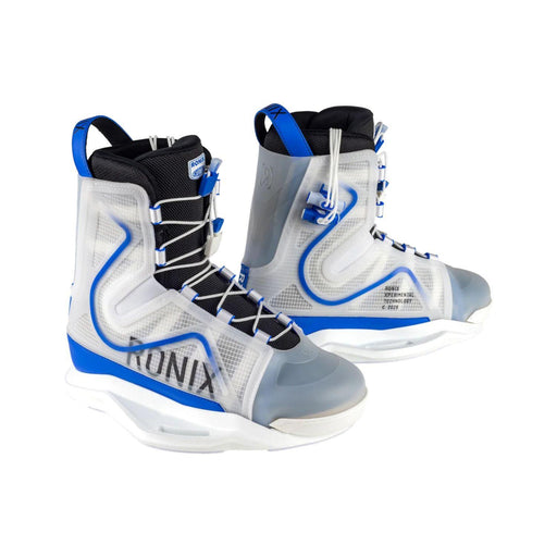 Front view of the 2026 Ronix RXT Wakeboard Boots, showing both left and right bindings in white, blue and translucent grey.