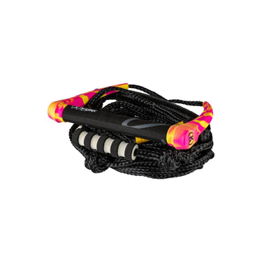 Angled studio view of the coiled 2026 Ronix Silicone Stretch wakesurf rope and handle in multi-color tropical swirl.