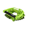 Angled studio view of the coiled 2026 Ronix Silicone Stretch wakesurf rope and handle in high-visibility volt green.
