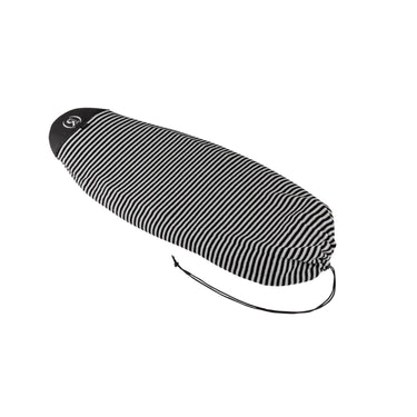 Top view of a round-nose wakesurf board securely tucked inside the Ronix Surf Sock.