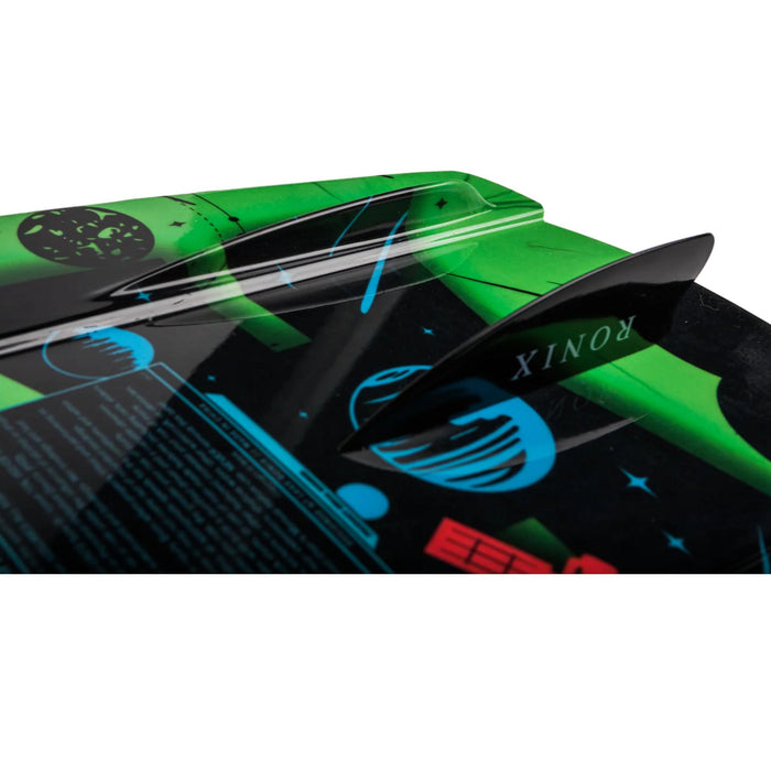 Detailed view of the 2026 Ronix Vision bottom featuring a large center fin and molded-in side fins for maximum tracking.