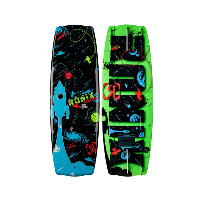 Top and bottom view of the 2026 Ronix Kid's Vision Wakeboard in Neon Green and Blue.