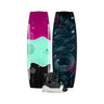 Side-by-side view of the 2026 Ronix Women's Krush wakeboard with the Ronix Halo open-toe wakeboard boot featured in the bottom center.
