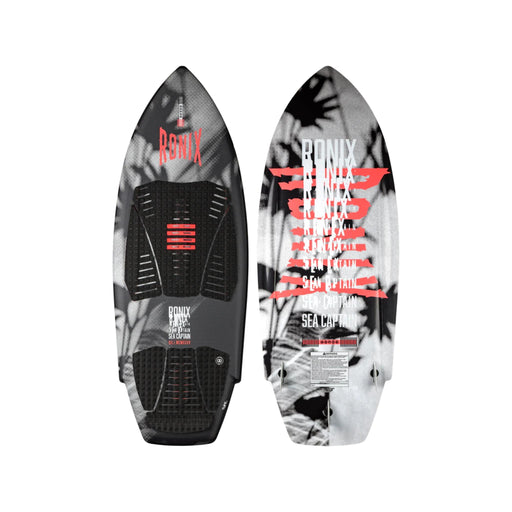 Top and bottom view of the 2026 Ronix Women's Sea Captain Tuff Tech Wakesurf Board in White, Black and Salmon colors.