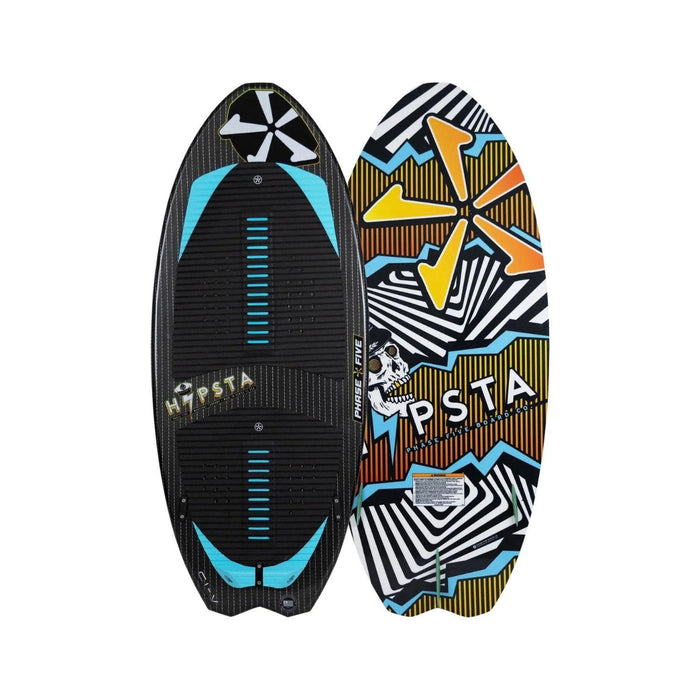 Top and bottom view of the 2026 Phase 5 Hypsta Wakesurf Board featuring a wide-tail skim design.