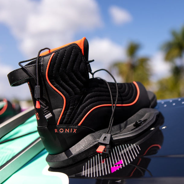 2026 Ronix Luxe Women's Wakeboard Boots product video highlighting the open-toe comfort and lightweight Mainframe chassis