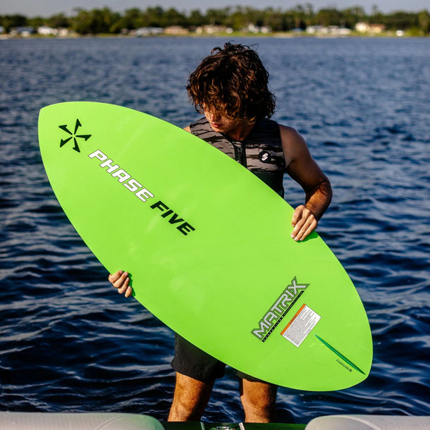 Product walkthrough video demonstrating the symmetrical shape, GatorSkin carbon layup, and on-water freestyle performance of the 2026 Phase 5 Matrix wakesurf board.