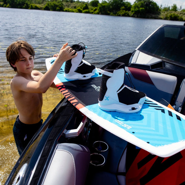 2026 Ronix Vision Pro Kid's Wakeboard Boots product video highlighting the grom-specific Mainframe chassis and heat-moldable liner.
