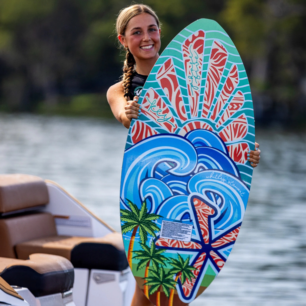 Product video detailing the technical shape, GatorSkin Carbon construction, and on-water skim performance of the 2026 Phase 5 Key Stewart Pro wakesurf board.