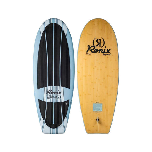 Top and bottom view of the 2026 Ronix Aloha Longboard Wakesurf Board featuring the wood grain base.