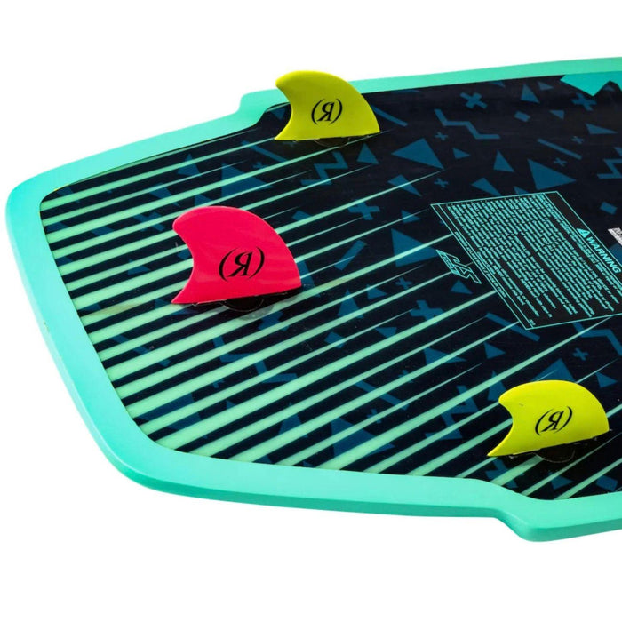 Close-up of the youth-sized thruster fin setup with two neon yellow side fins and one neon red center fin.