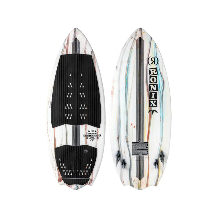 Top and bottom view of the 2026 Ronix Atlantik Flyweight Pro in Neon Blue, White and Black.