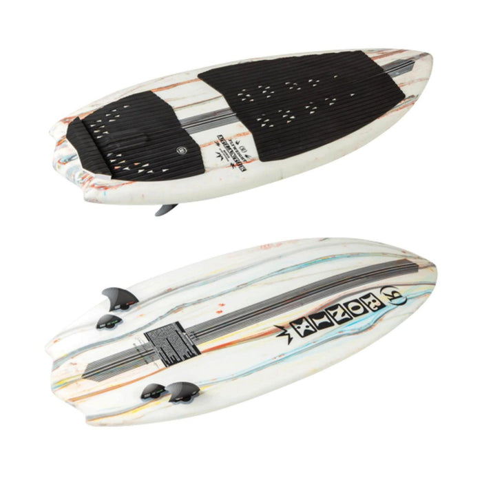 Side profile of the 2026 Ronix Atlantik showing the tapered rail and quad 4 fin setup.