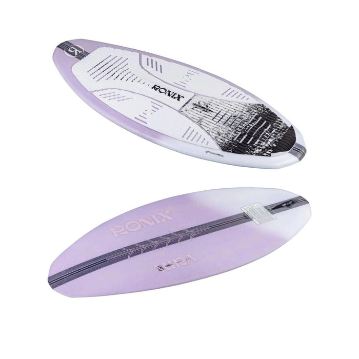 Horizontal view of the 2026 Women's Ronix Aura wakesurfer showing the thin skim-style rail and low rocker profile.