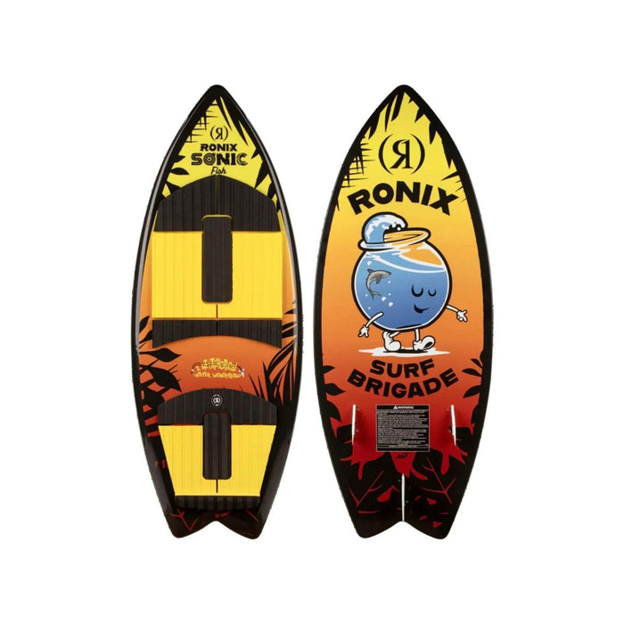 Top and bottom view of the 2026 Ronix Boy's Fish Sonic Wakesurf Board in Yellow, Orange and Black.