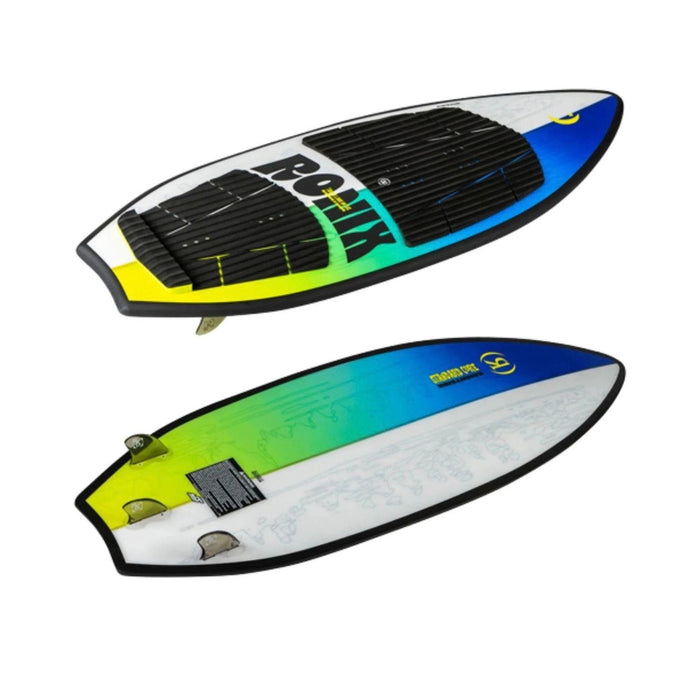 Side profile of the 2026 Ronix Brightside showing the hybrid rocker and thruster fin setup.