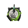 Straight-on product shot of the green Wakesports Bungee wakesurf rope and handle package made by Ronix neatly coiled.