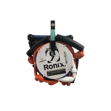 Straight-on product shot of the orange Wakesports Bungee wakesurf rope and handle package made by Ronix neatly coiled.