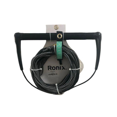 Straight-on product shot of the black Wakesports Combo 3.0 wakeboard rope and handle package made by Ronix neatly coiled.