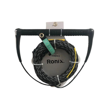 Straight-on product shot of the black Wakesports Combo 4.0 wakeboard rope and handle package made by Ronix neatly coiled.