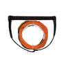Straight-on product shot of the orange Wakesports Combo 5.0 wakeboard rope and handle package made by Ronix neatly coiled. 