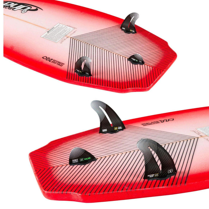 Detailed close-up of the Fishhook tail and tool-less Button Fin system on the 2026 Ronix DNA.