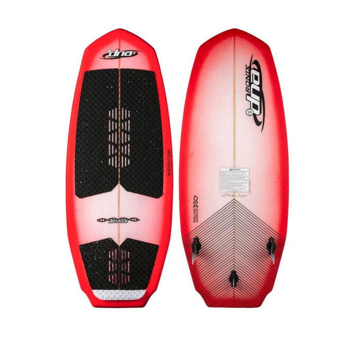 Split view of the 2026 Ronix DNA Flyweight Pro showing the Racing Red deck and carbon fiber bottom.