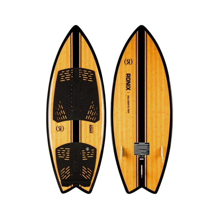 Top and bottom view of the 2026 Ronix Koal Classic Fish wakesurf board in Black and Wood Grain.