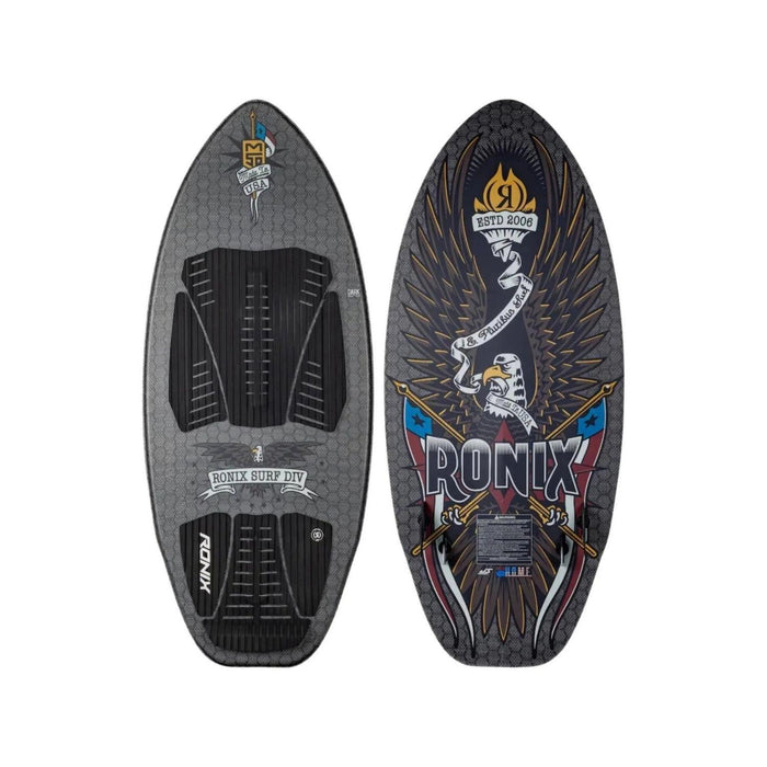 Top and bottom view of the 2026 Ronix M50 Dark Matter Wakesurf Board in Black and Metallic Silver.