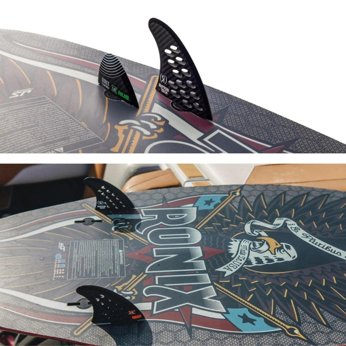 Close-up of the quad-fin configuration featuring the Ronix tool-less Button Fin system on the M50.