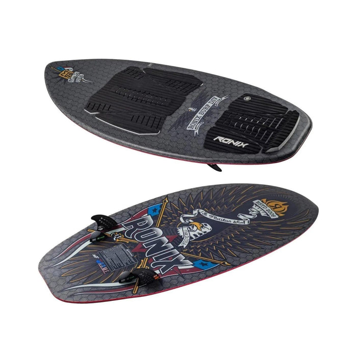 Side profile of the 2026 Ronix M50 showing the aggressive rocker and quad fin configuration.