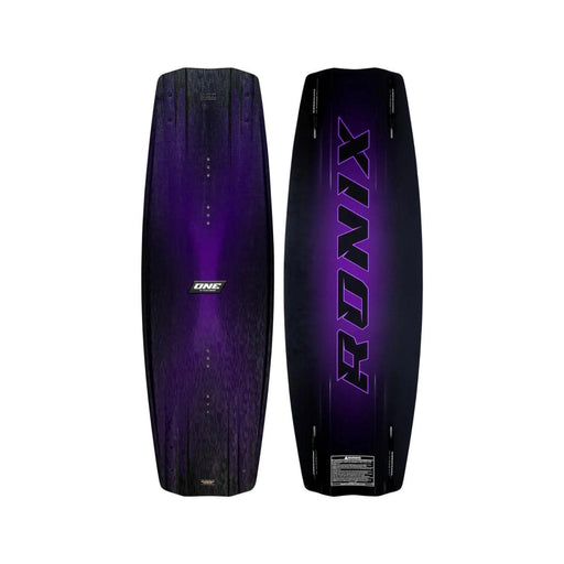 Top and bottom view of the 2026 Ronix One Blackout Technology Wakeboard in Carbon Black and Purple.